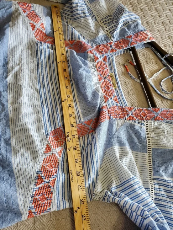 Democracy Blue Striped Boho Peasant Top with Red Embroidery and Lace Trim - Picture 5 of 14